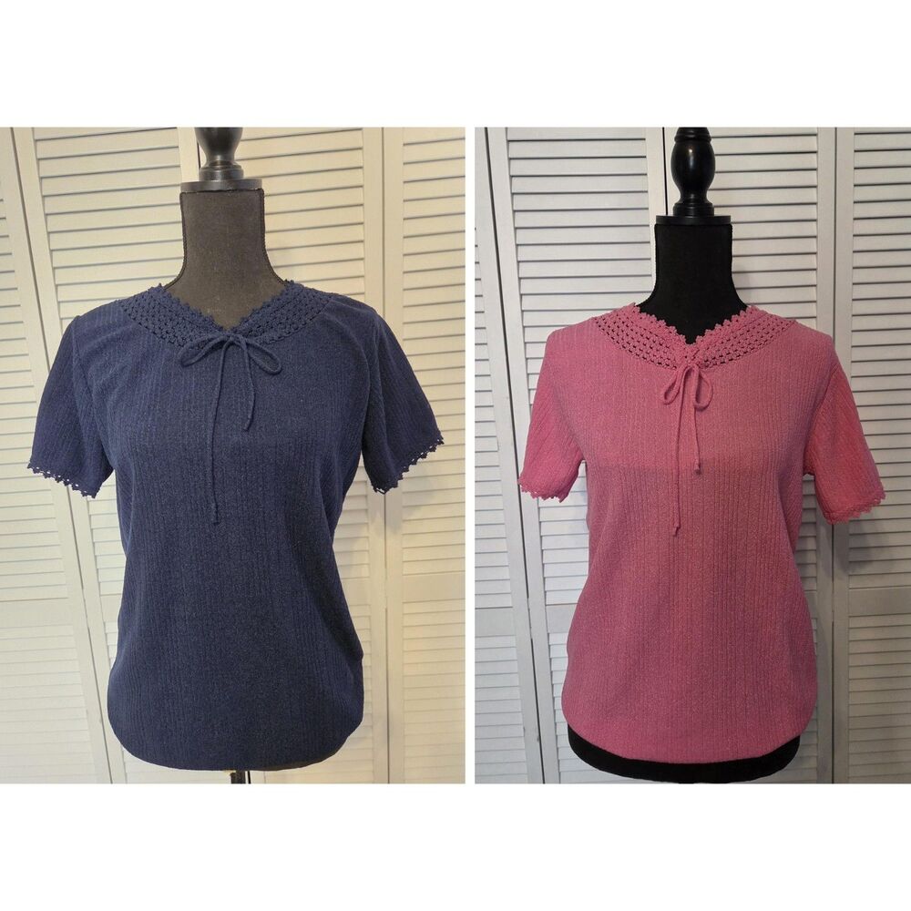 Vintage Keneth Knit Bundle- Navy & Pink Crochet Tie-Neck Tops, Size Medium